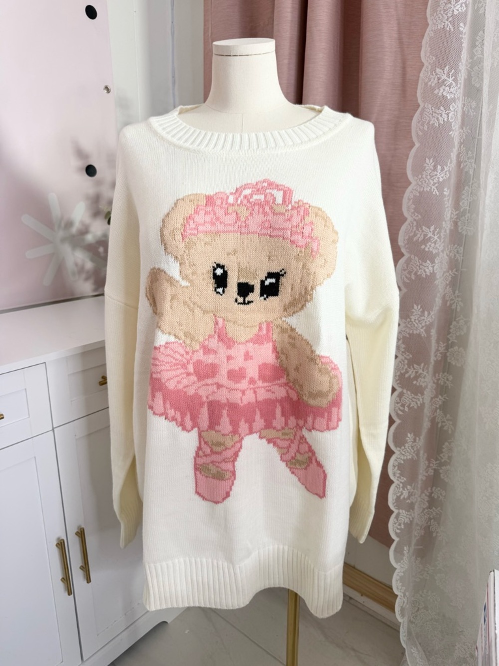 Sugar Thrillz Cream Sweater with Pink Intarsia BIN#5